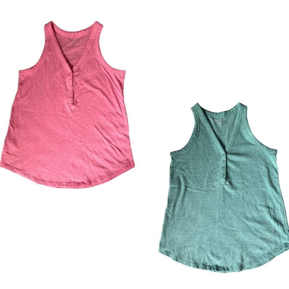 Two Loft Sleeveless Tank Tops Size Small Green and Pink with front buttons
